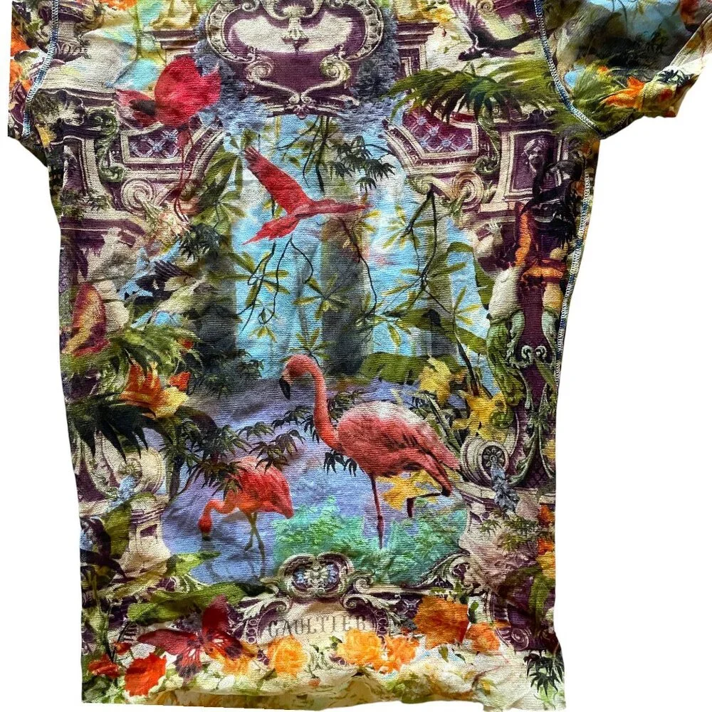 🌟RARE Jean Paul Gaultier Couture Unisex Soleil Mesh Tattoo Flamingo + Floral Top - Picture 6 of 9